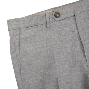 A close up view of Berwich Light Grey Wool Fresco Flat Front Trousers, regular fit.
