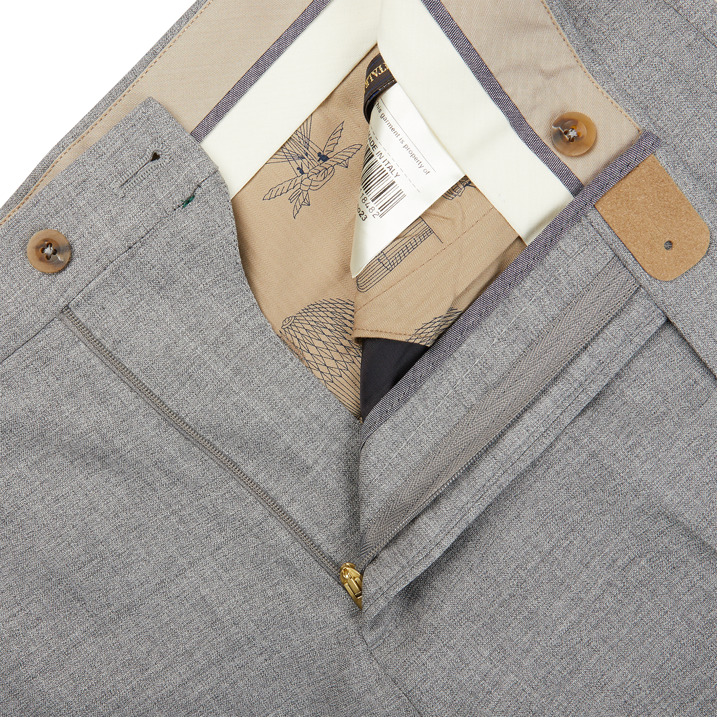 A close up of the pocket of a Light Grey Wool Fresco Flat Front Berwich trousers.