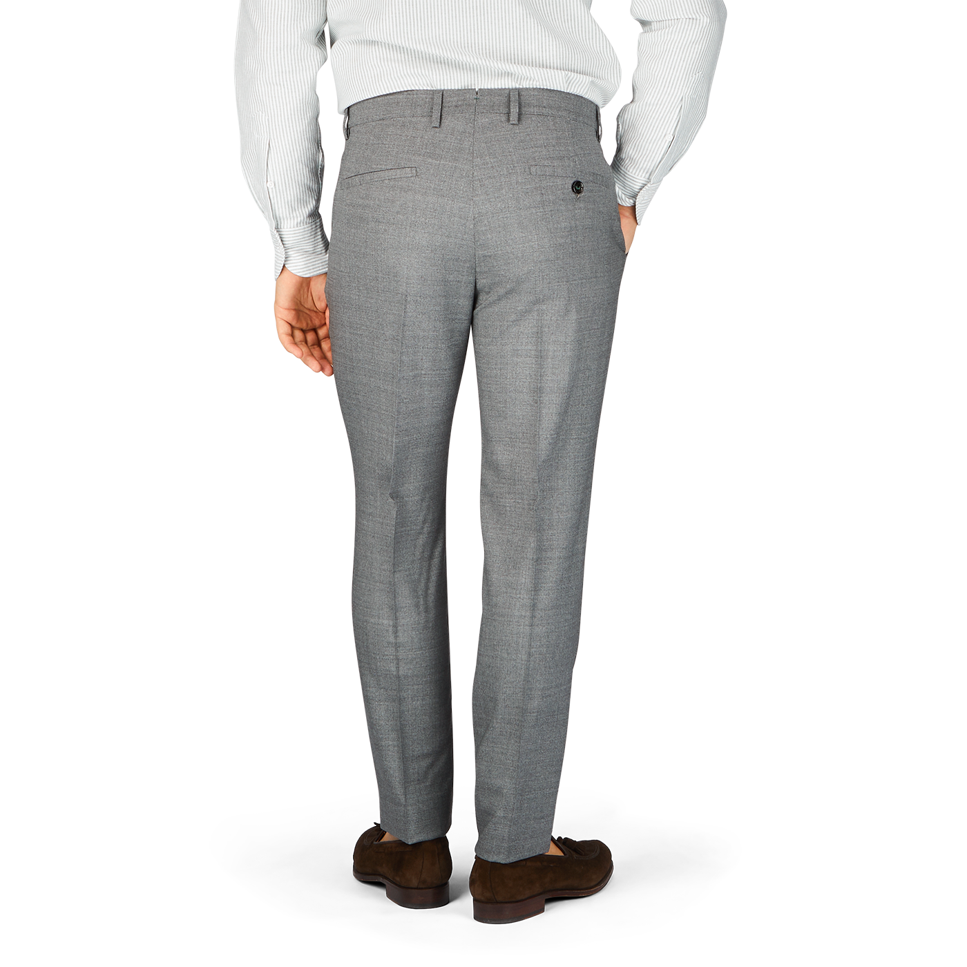 The man is seen in Berwich medium grey wool fresco flat front trousers, made of high-twist wool fabric and cut in a regular fit.