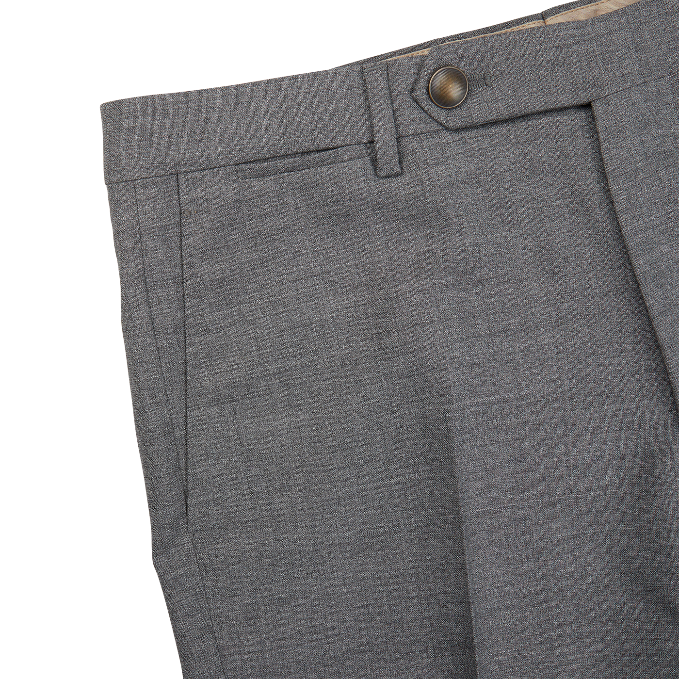 A close up view of medium grey wool Fresco flat front Berwich trousers.