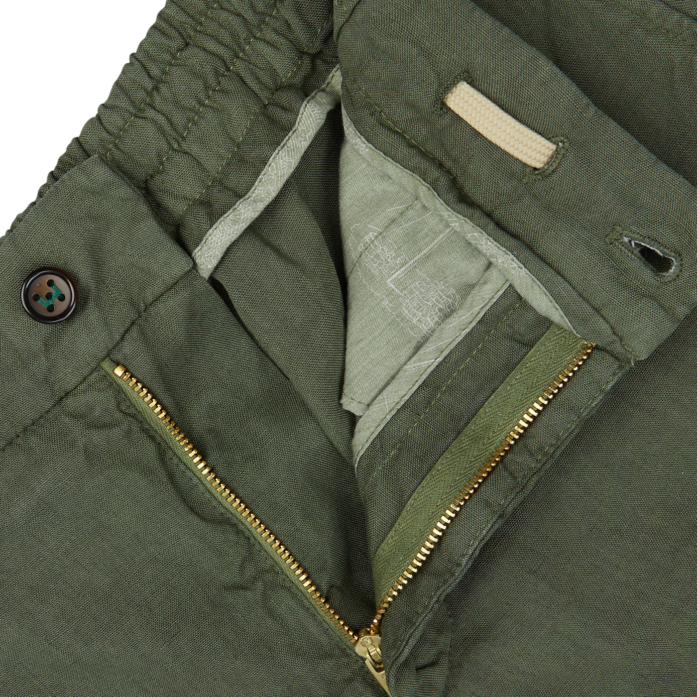 Close-up of a Berwich militare green washed linen drawstring shorts with a zipper and button detail.