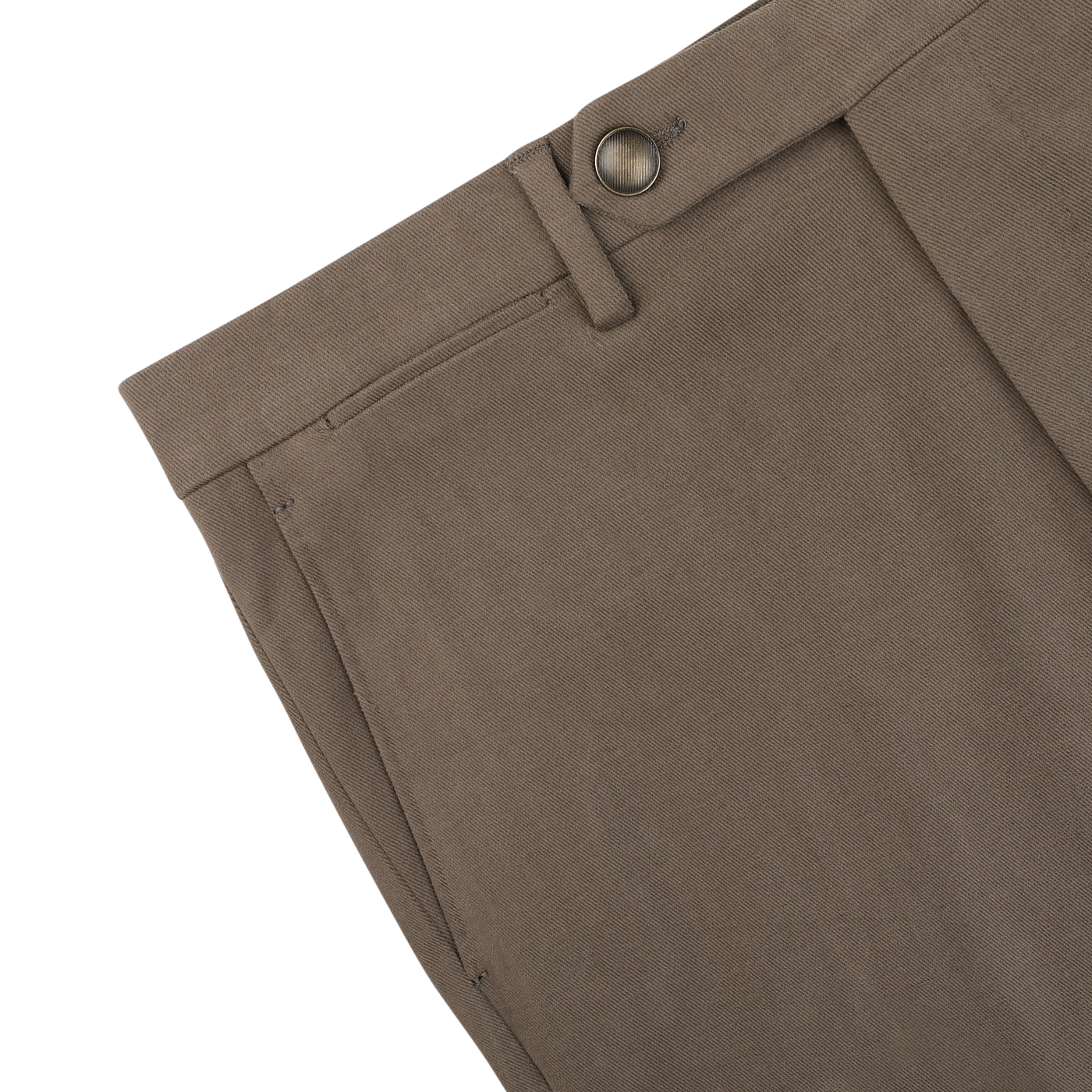 Close-up of the top part of Berwich Muted Olive Cotton Moleskin Trousers, showcasing a belt loop, button, and part of the pocket. The trousers feature a smooth cotton moleskin texture.