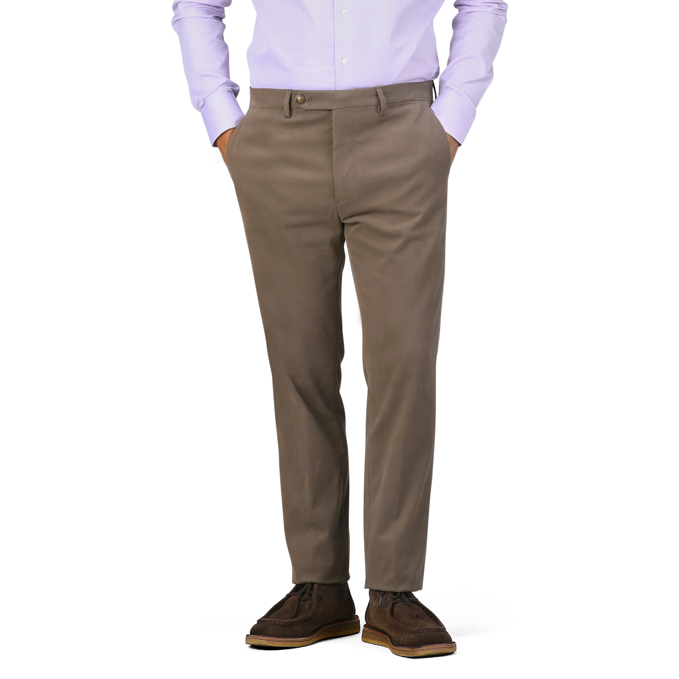 A person wearing a light purple shirt, Berwich Muted Olive Cotton Moleskin Trousers, and brown shoes stands with hands in pockets against a plain background.