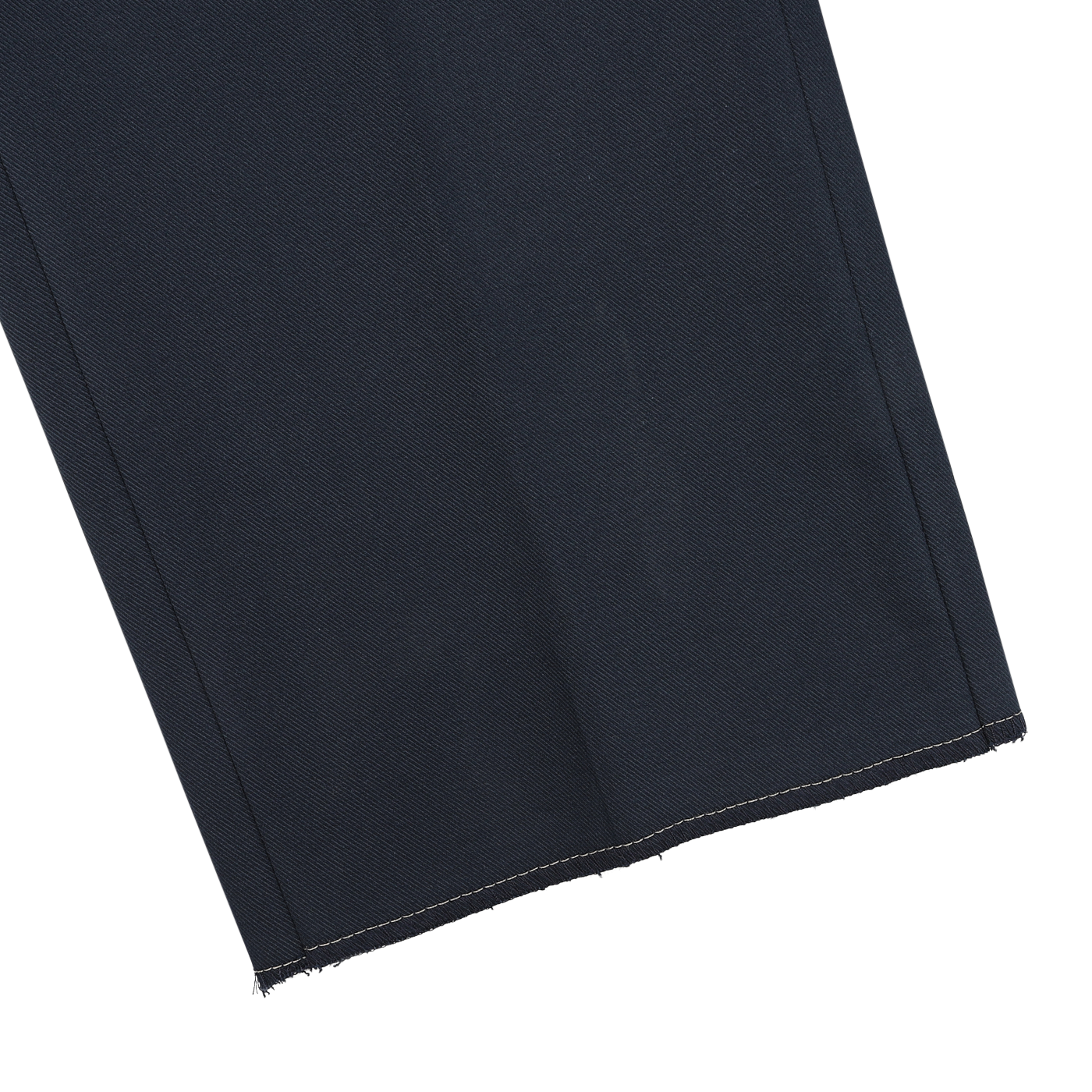 Close-up of a single pant leg from the Navy Blue Cotton Twill Flat Front Trousers by Berwich in the Vulcano fit, featuring a clean, straight hem. The fabric appears textured, with the bottom edge slightly frayed.