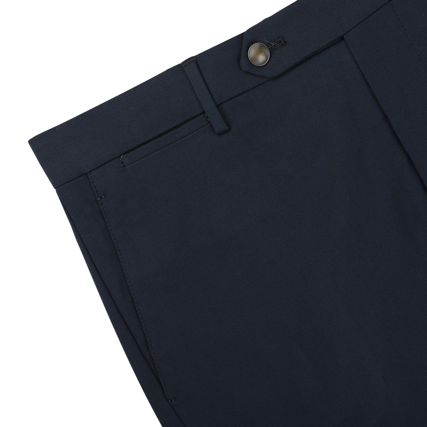 Close-up of a pair of Navy Blue Cotton Twill Flat Front Trousers featuring a waistband with belt loops, a button closure, and a visible pocket. The Berwich Vulcano fit pants are made from soft cotton twill for added comfort and durability.