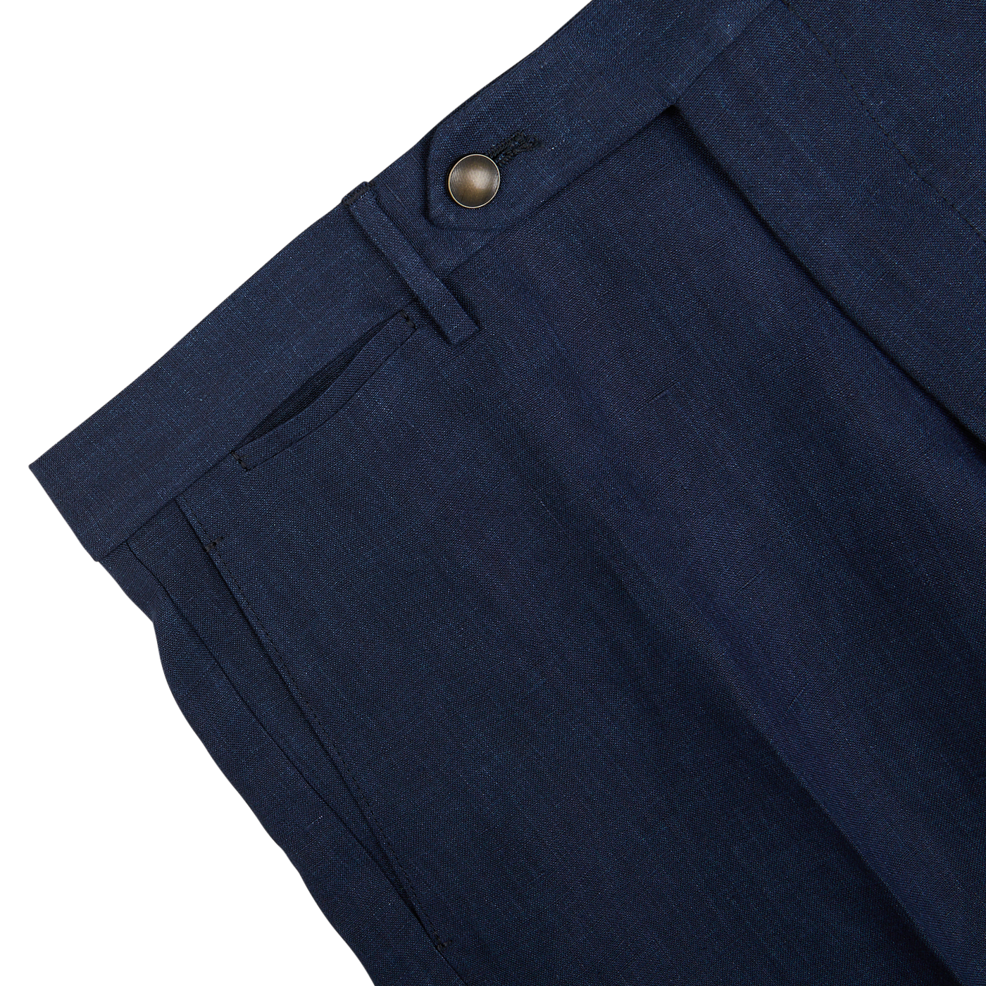 Close-up of Berwich navy blue melange linen flat front trousers with a buttoned waistband and a front pocket detail.
