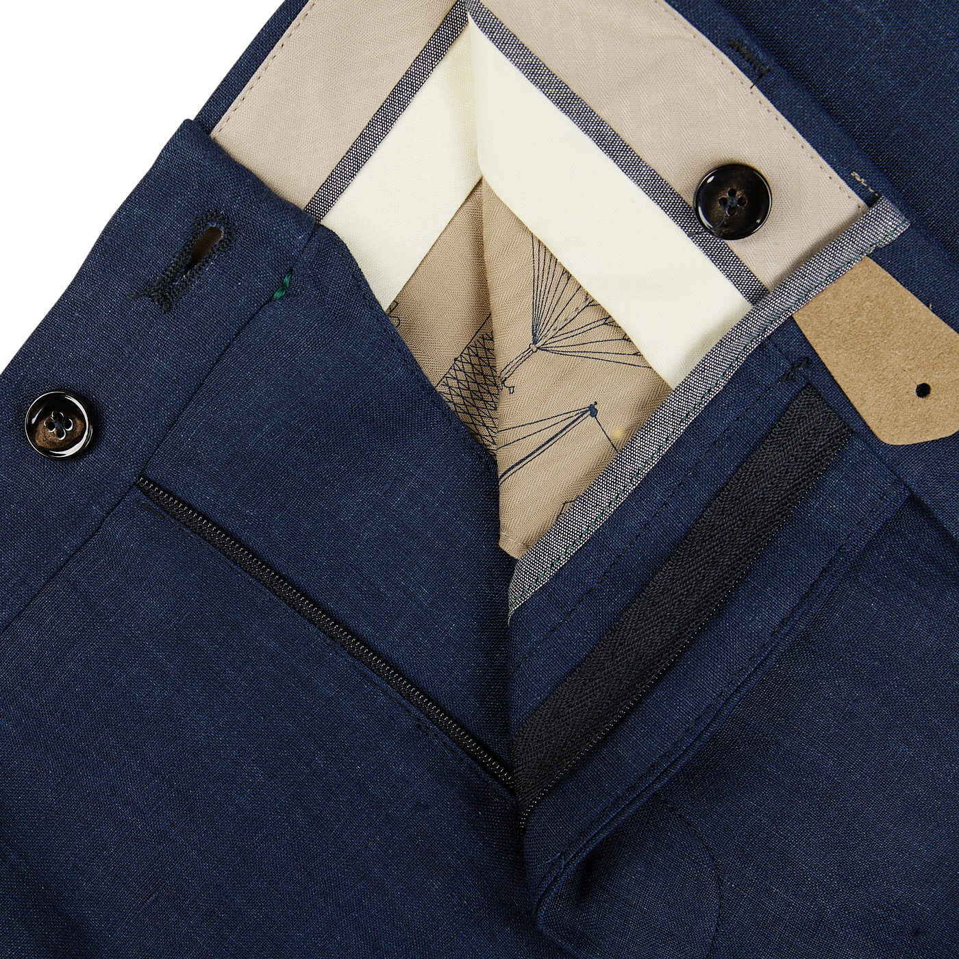Close-up of a folded blue Berwich men's dress shirt with a price tag, showcasing its collar, button, and inner lining details alongside Navy Blue Melange Linen Flat Front Trousers.