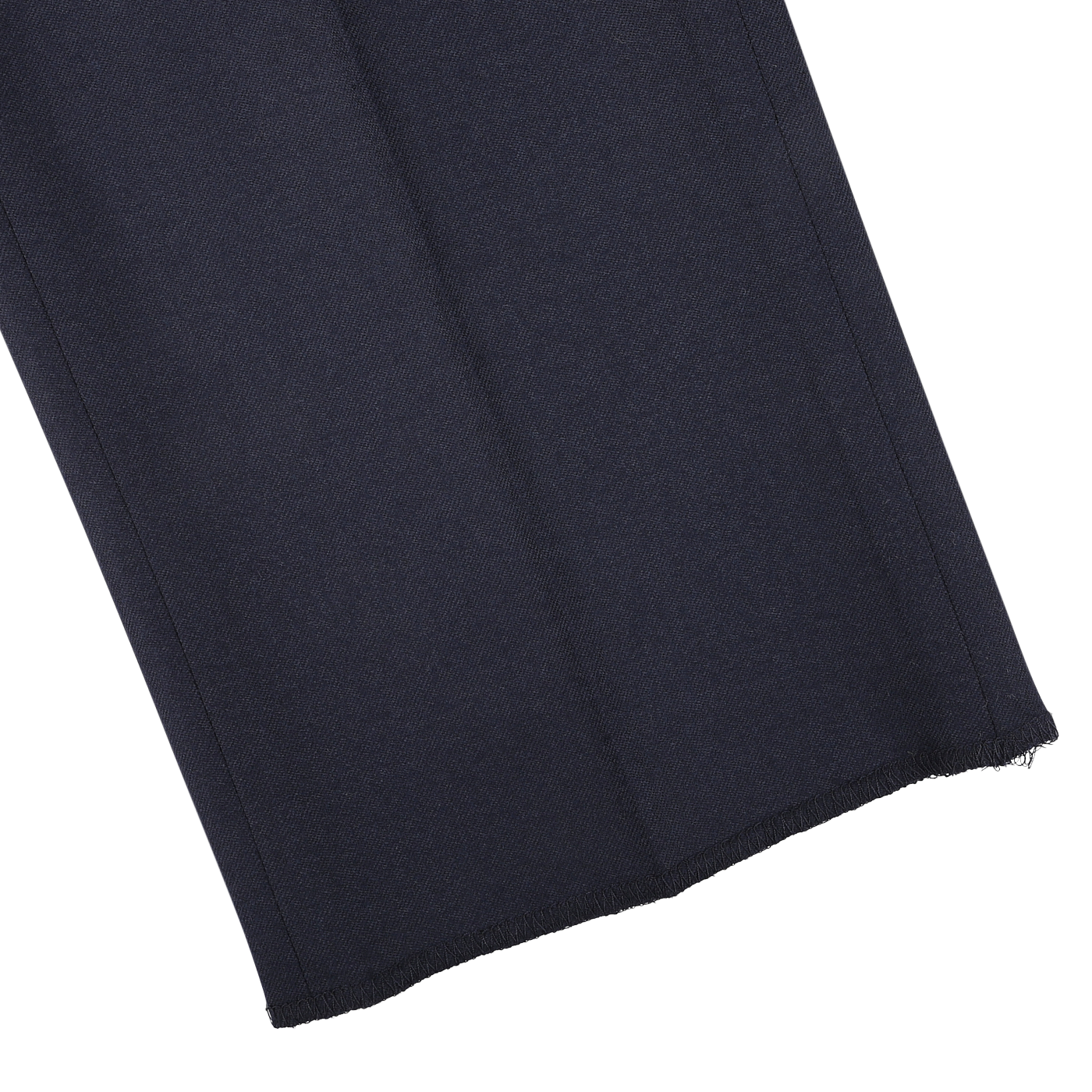 Close-up of the hem of Berwich Navy Blue Wool Flannel Flat Front Trousers with a slightly frayed edge against a light background. The Vulcano fit showcases the quality and style, making them perfect for any occasion.