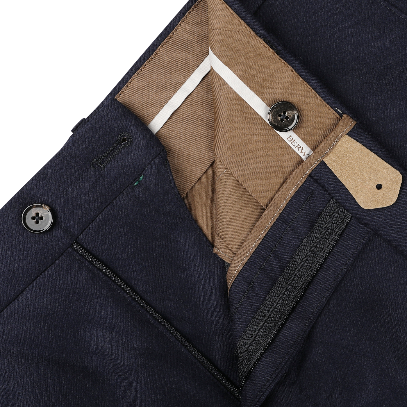 Close-up of the interior waistband and zipper area of the Berwich Navy Blue Wool Flannel Flat Front Trousers, showcasing buttons, a hook closure, and beige lining. Crafted from pure wool flannel for ultimate comfort.