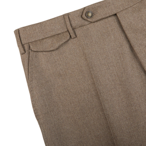 Description: A close up of a Berwich men's Oatmeal Beige Wool Flannel Flat Front Trousers.
