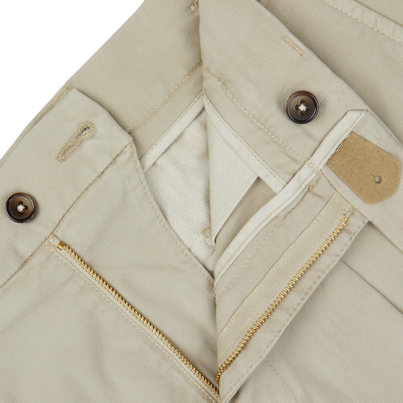 Close-up of a Sabbia Beige Cotton Blend Pleated Shorts with a zipper and buttons by Berwich.