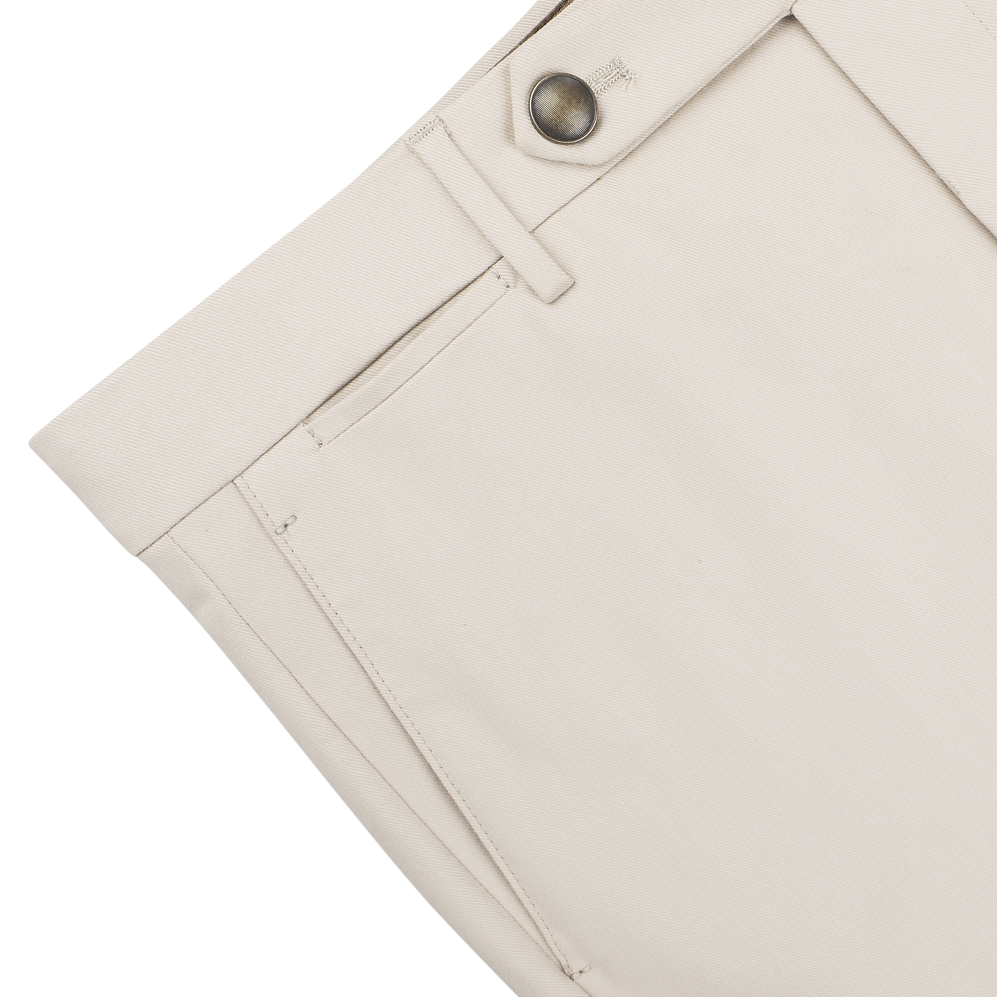 Close-up of the Sand Beige Cotton Twill Flat Front Trousers by Berwich, highlighting the button and belt loop, crafted from durable cotton twill.