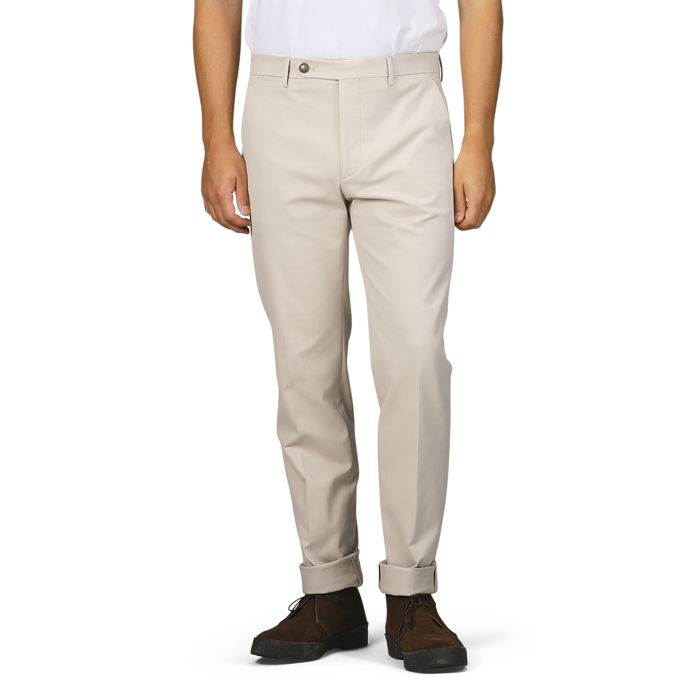 An individual dressed in Sand Beige Cotton Twill Flat Front Trousers by Berwich is standing upright with their arms at their sides, teamed with a white shirt and brown shoes.