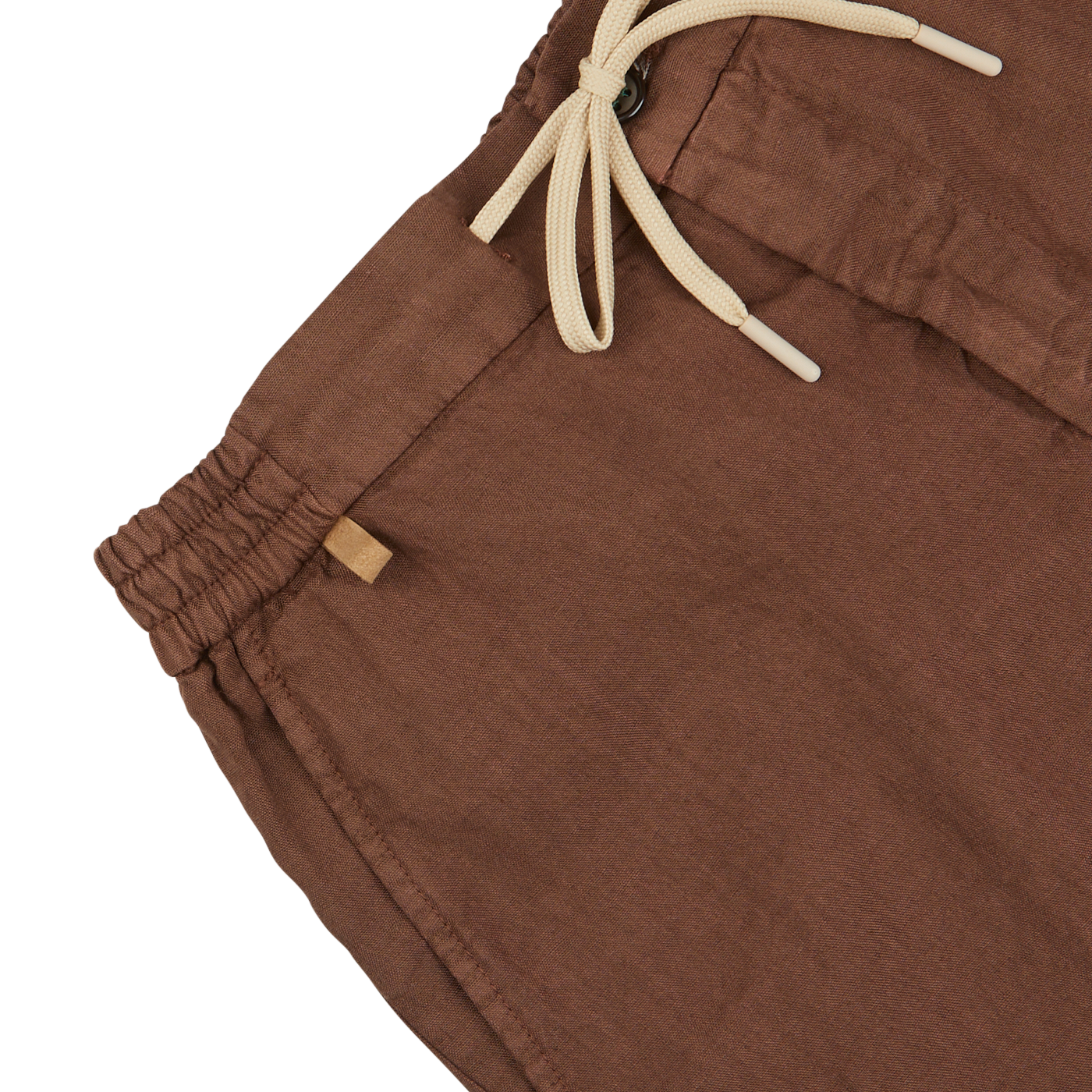 Close-up view of Berwich Terra Brown Washed Linen Drawstring Shorts with elastic waistband and beige drawstrings, on a white background.