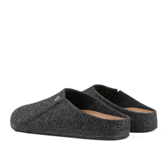 The Anthracite Grey Zermatt Rivet Slippers by Birkenstock are a pair of slippers crafted from dark gray wool felt with black soles, shown from a side angle, and include a removable footbed for enhanced comfort.