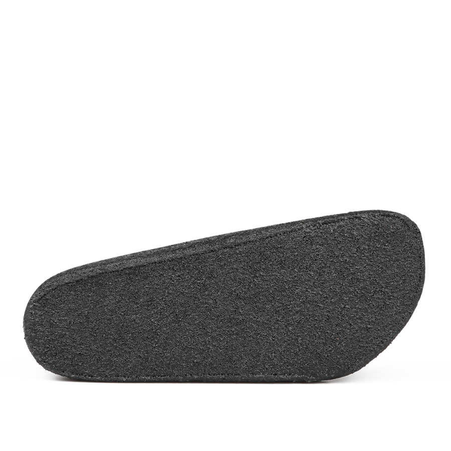 Close-up of a dark grey, textured wedge sole from the Anthracite Grey Zermatt Rivet Slippers by Birkenstock, potentially crafted with wool felt, set against a white background.