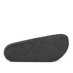 Close-up of a dark grey, textured wedge sole from the Anthracite Grey Zermatt Rivet Slippers by Birkenstock, potentially crafted with wool felt, set against a white background.