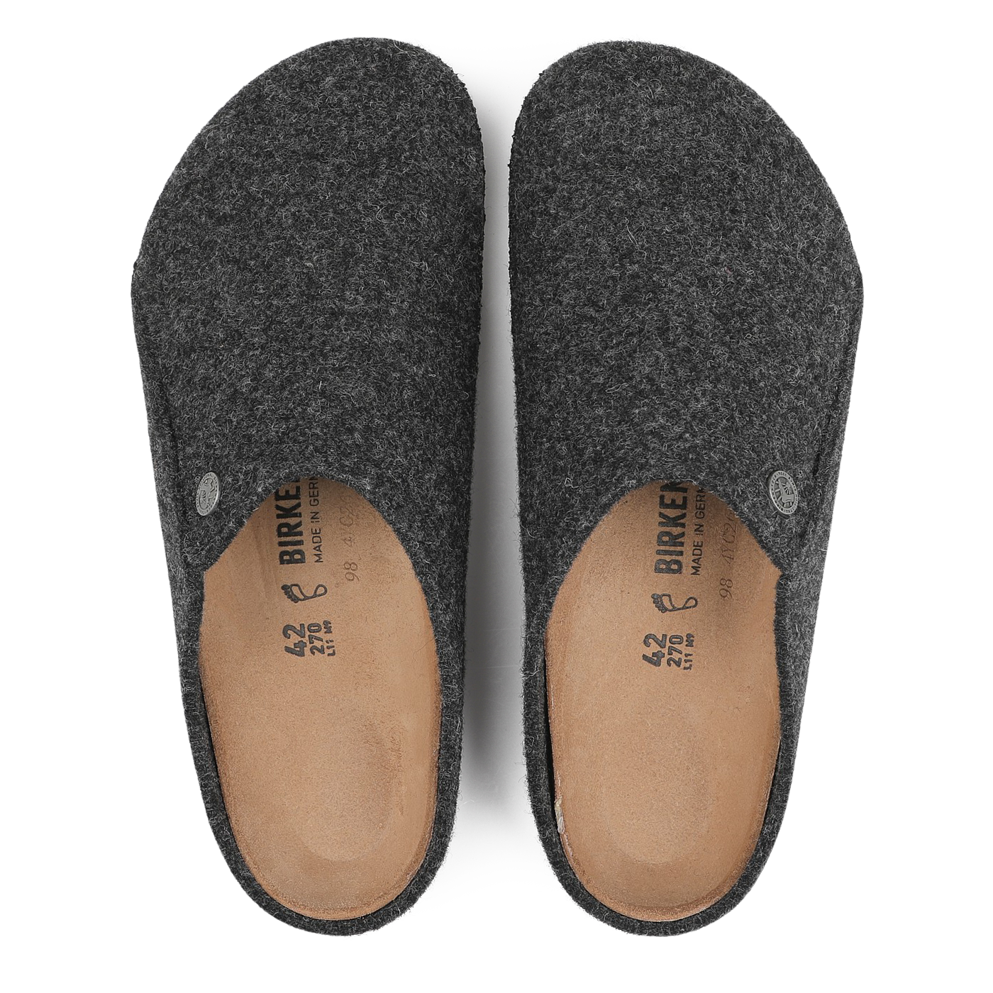 The Anthracite Grey Zermatt Rivet Slippers by Birkenstock, featuring brown insoles and a removable footbed, offer the perfect solution for indoor comfort.