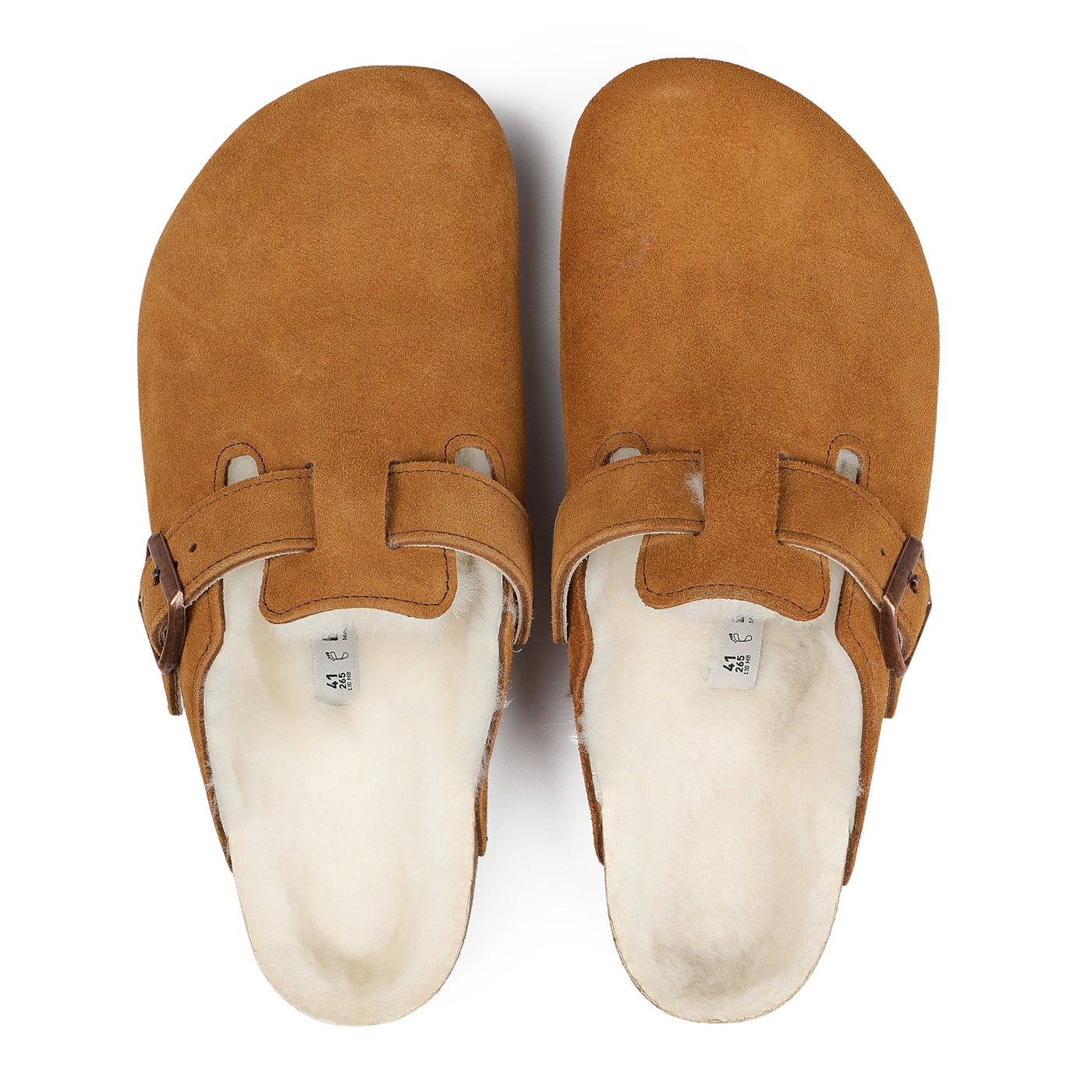 A pair of Mink Brown Suede Shearling Lined Boston Slippers by Birkenstock, featuring slip-on design with open backs and leather straps.