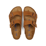 A pair of Mink Brown Suede Leather Arizona Birkenstock sandals with adjustable straps displayed on a white background.