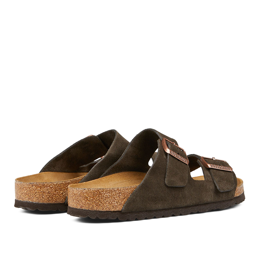 A pair of Mocha Brown Suede Leather Arizona Birkenstock sandals with adjustable straps and cork footbeds.