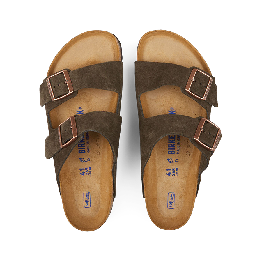 A pair of Mocha Brown Suede Leather Birkenstock Arizona sandals with adjustable straps and buckles, featuring contoured cork footbeds and flat soles.