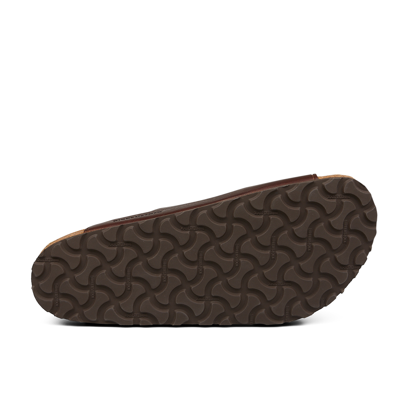 Bottom view of a Birkenstock Roast Bold Natural Leather Arizona Sandal with a dark brown sole featuring a curved, repeating pattern. The upper part of the shoe, crafted in natural leather, is partially visible in brown color.