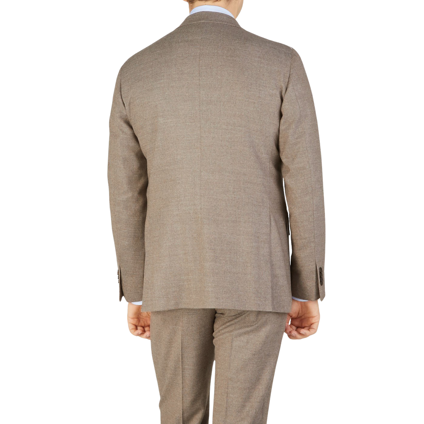 The back view of an elegant man in a Beige Grey Wool Flannel K Suit made by Boglioli.