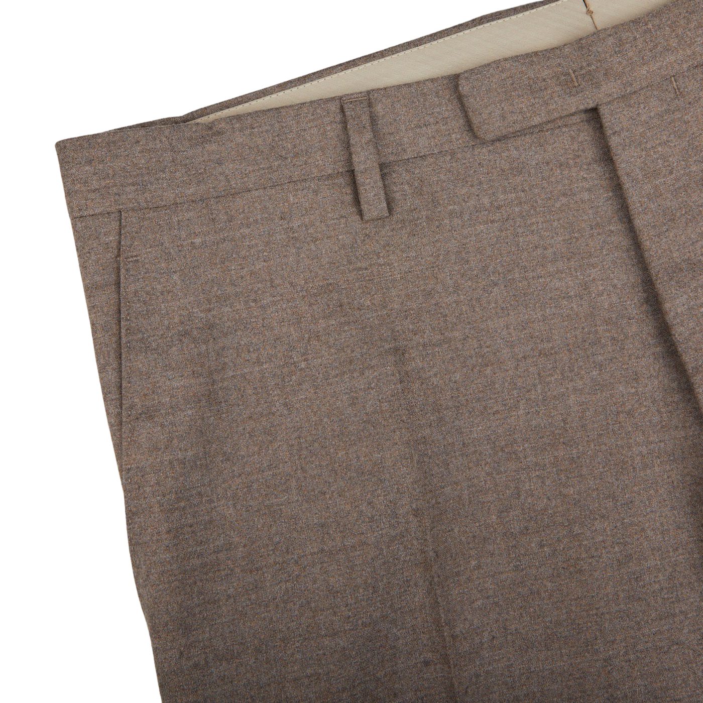 A close up of Boglioli Beige Grey Wool Flannel K Suit pants.