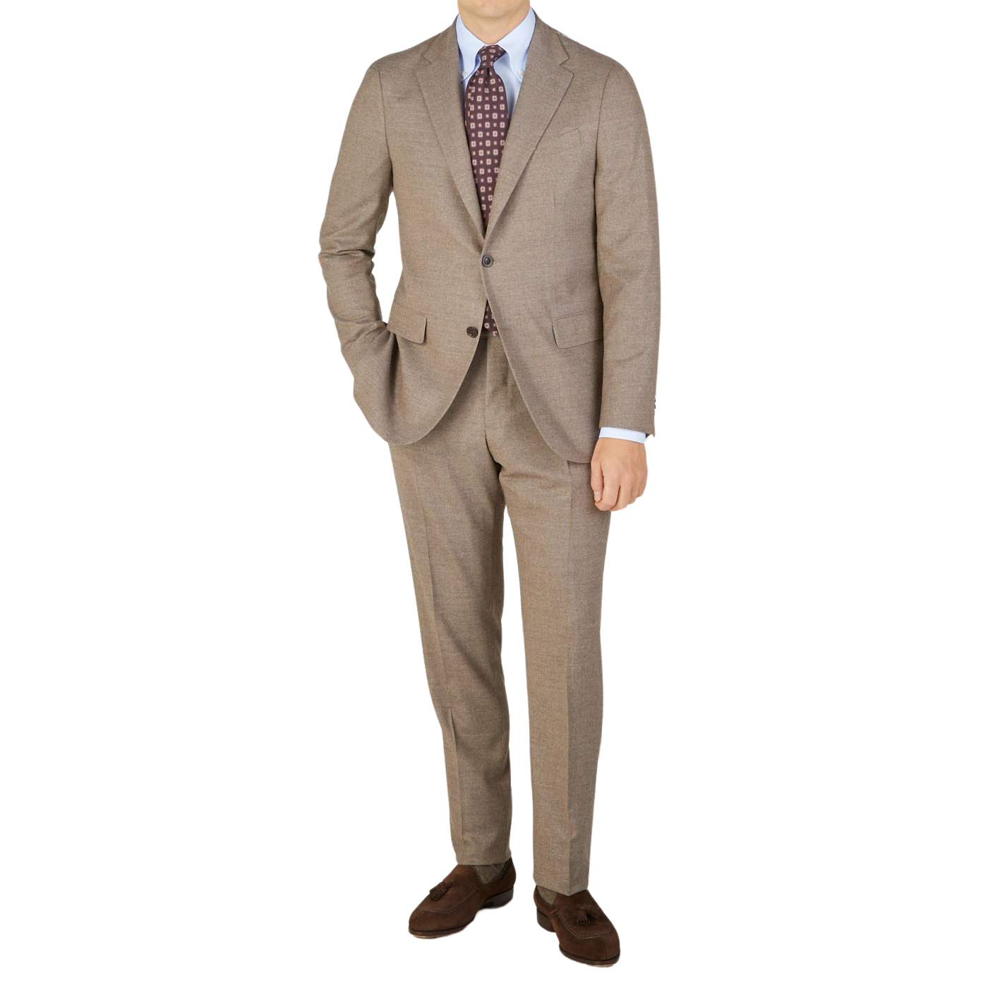 A man in a Beige Grey Wool Flannel Boglioli suit is posing for a photo, showcasing understated elegance.