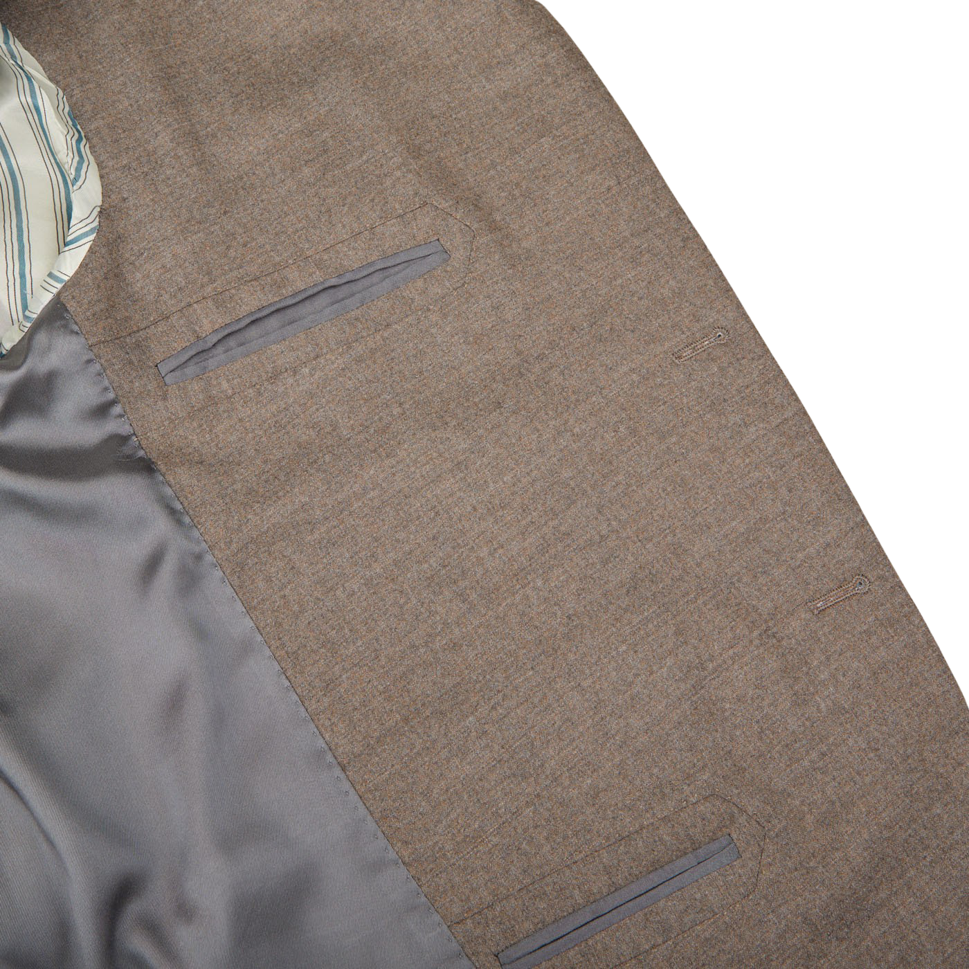 A close up of a Boglioli Beige Grey Wool Flannel K Suit with an understated elegance.