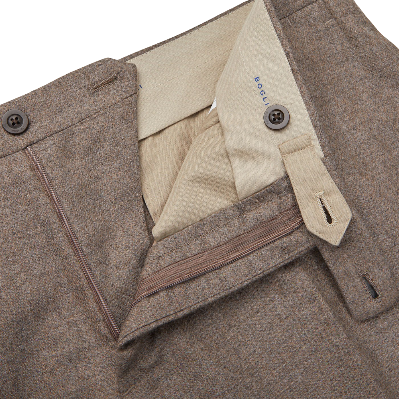 A close up of an understated Beige Grey Wool Flannel K Suit trouser with a pocket by Boglioli.