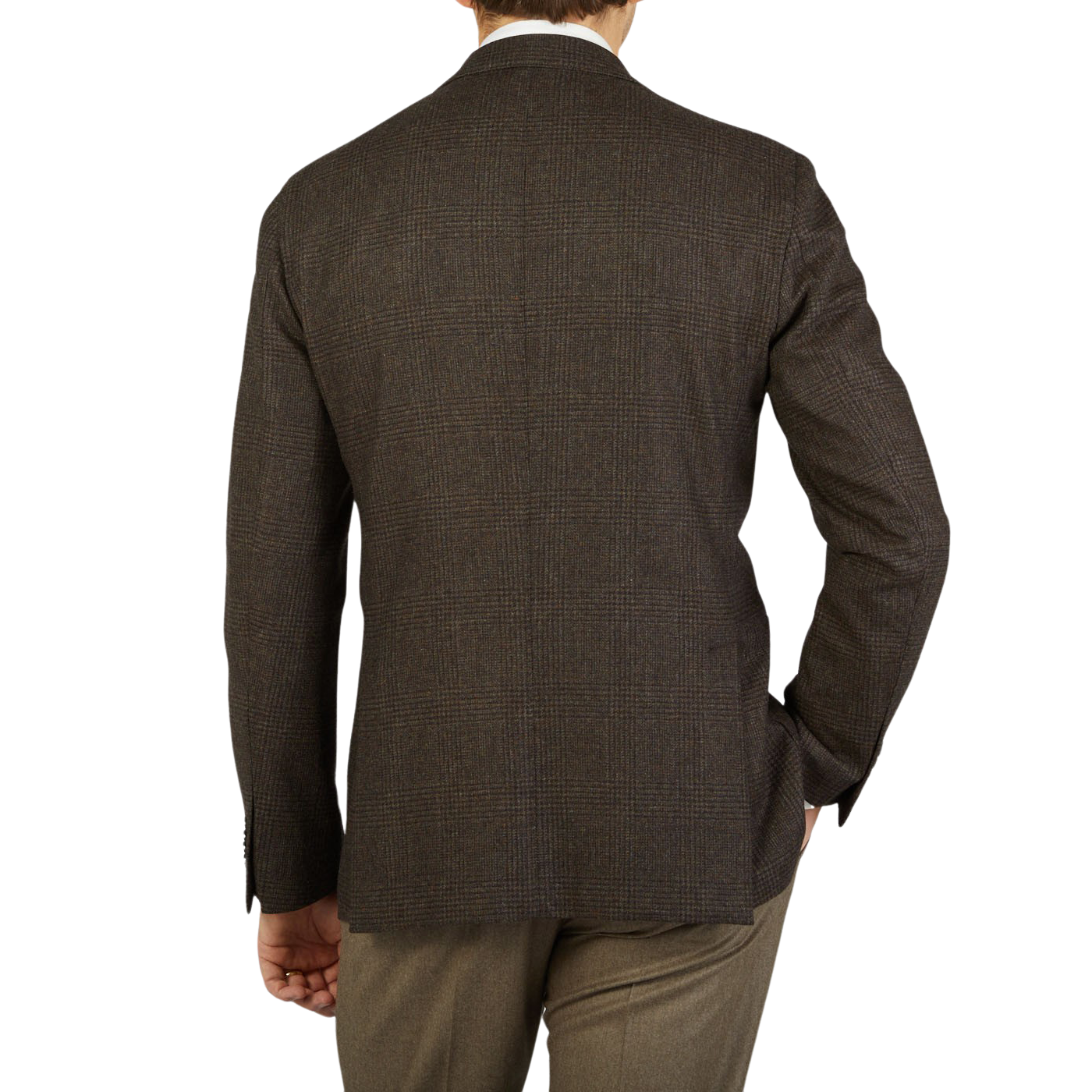 The back view of a man in a Boglioli K Jacket brown blazer, showcasing its unstructured craftsmanship and elegant made in Italy design.