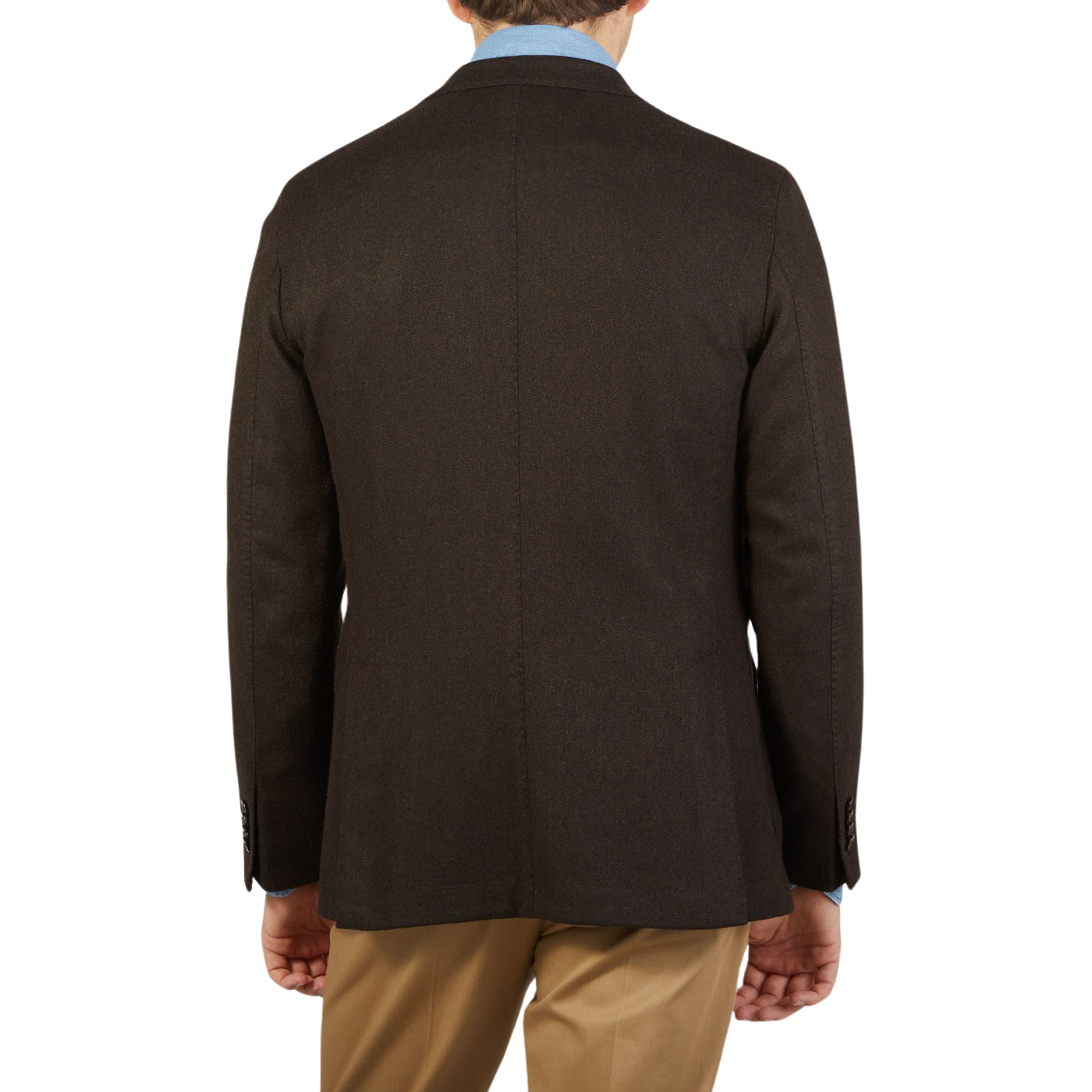 The back view of a man wearing an unstructured Boglioli Brown Herringbone Wool K Jacket.