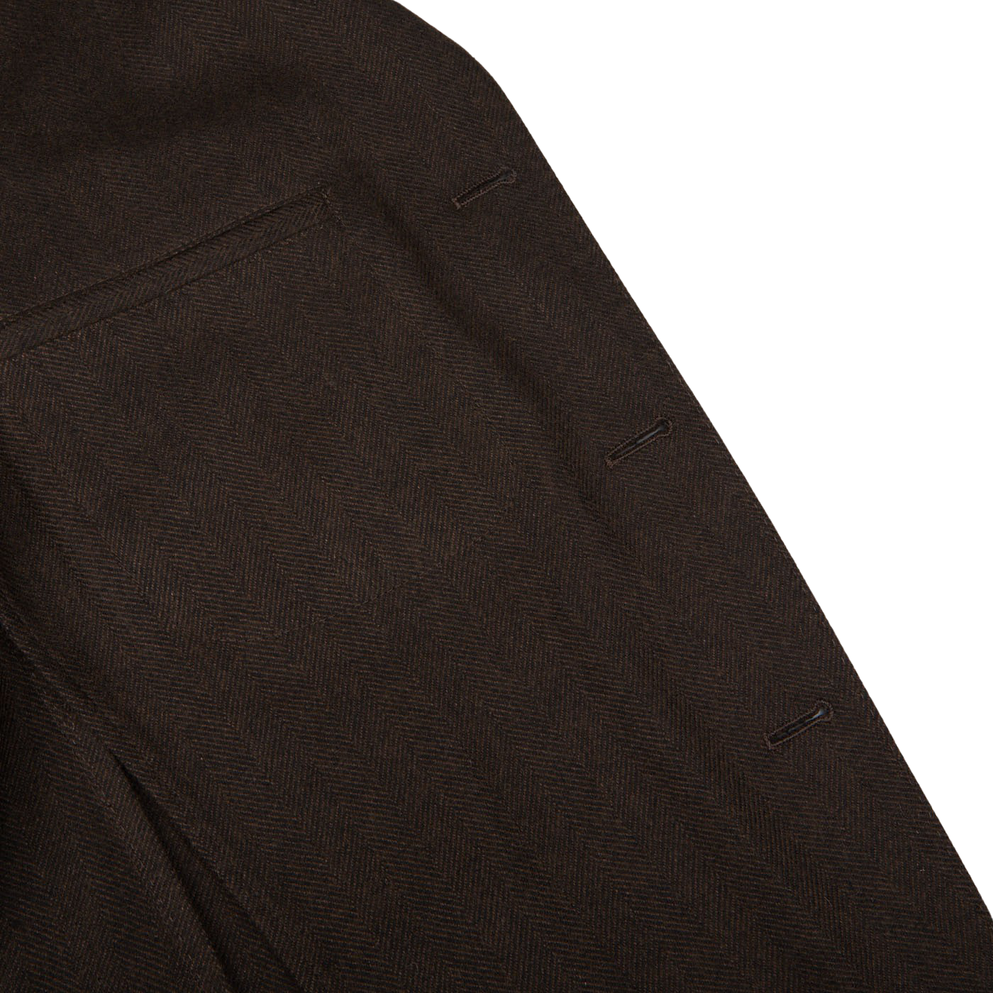A close-up of a Boglioli Brown Herringbone Wool K Jacket coat on a white surface.