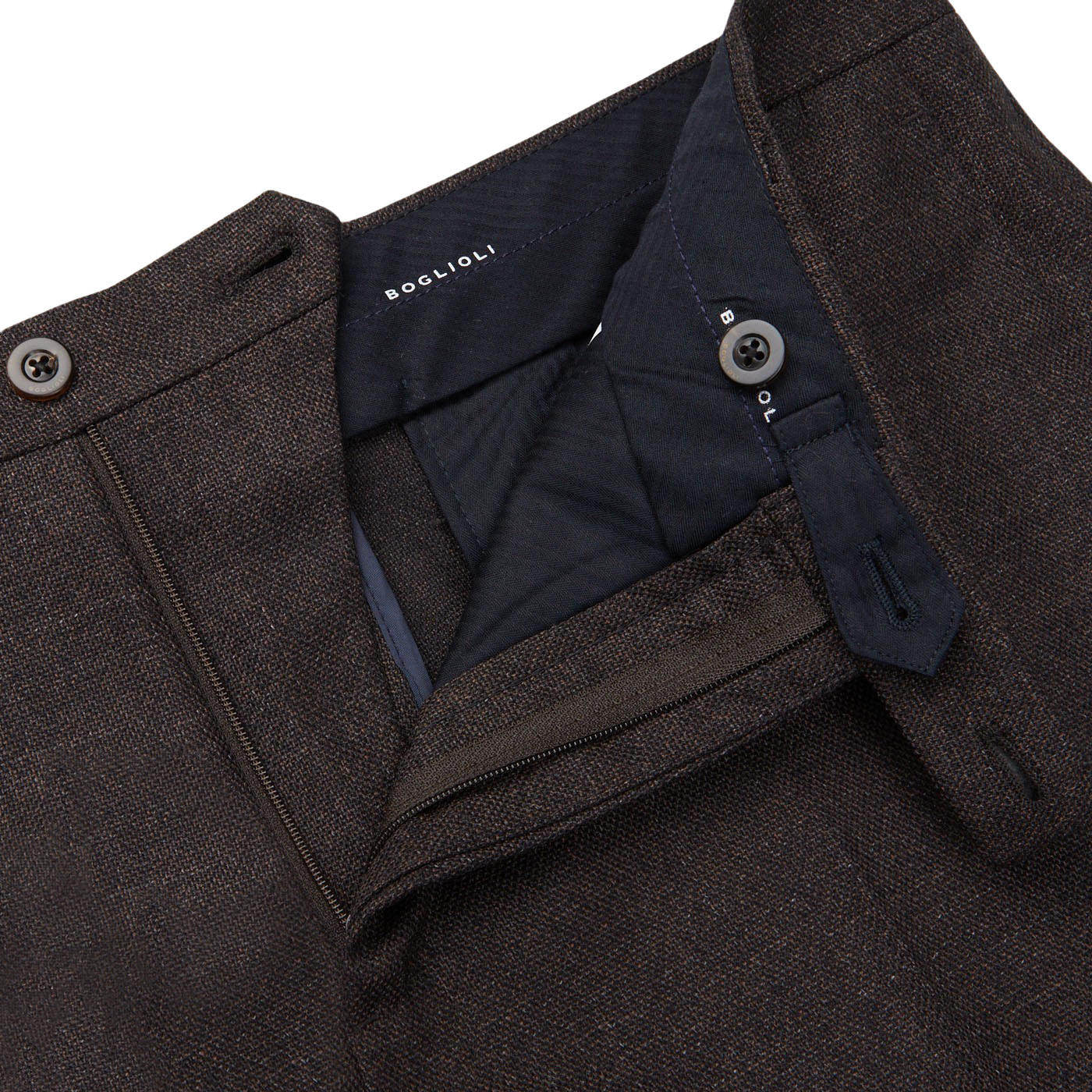 A close up of a Brown Melange Wool Hopsack K Suit trouser with a pocket from Boglioli.