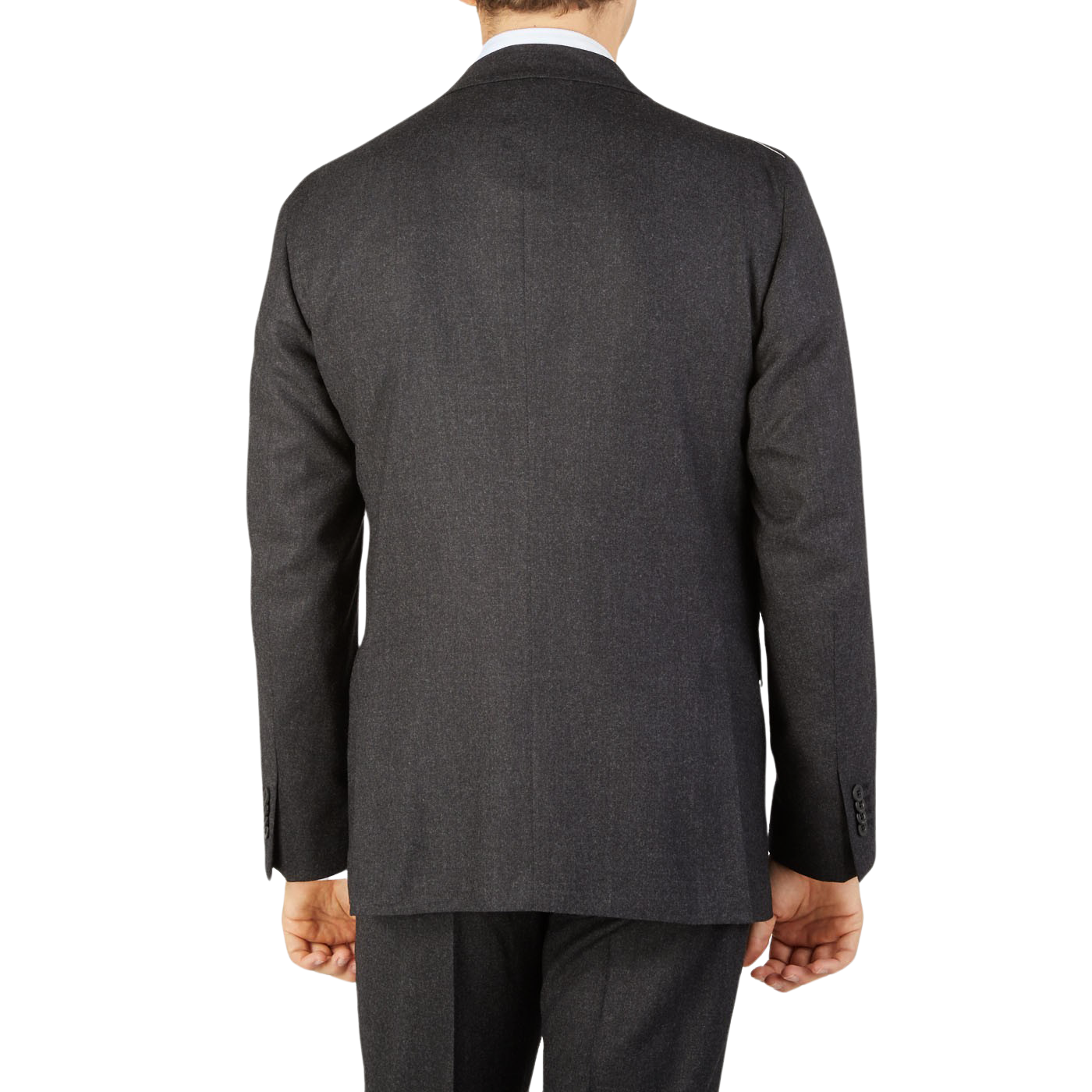 A man displaying the understated elegance of a Boglioli Charcoal Grey Wool Flannel K Suit.