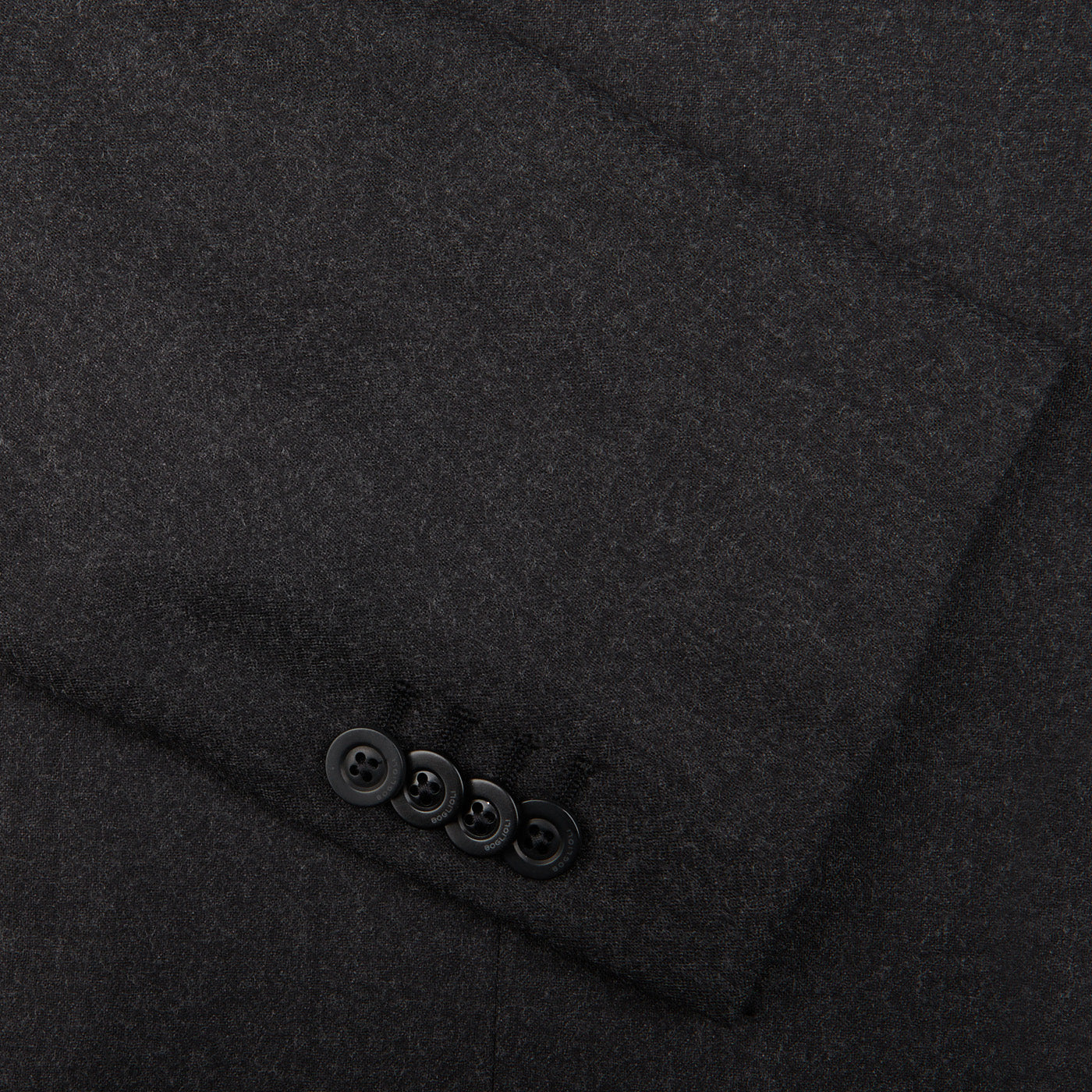 A close up of a Boglioli Charcoal Grey Wool Flannel K Suit.
