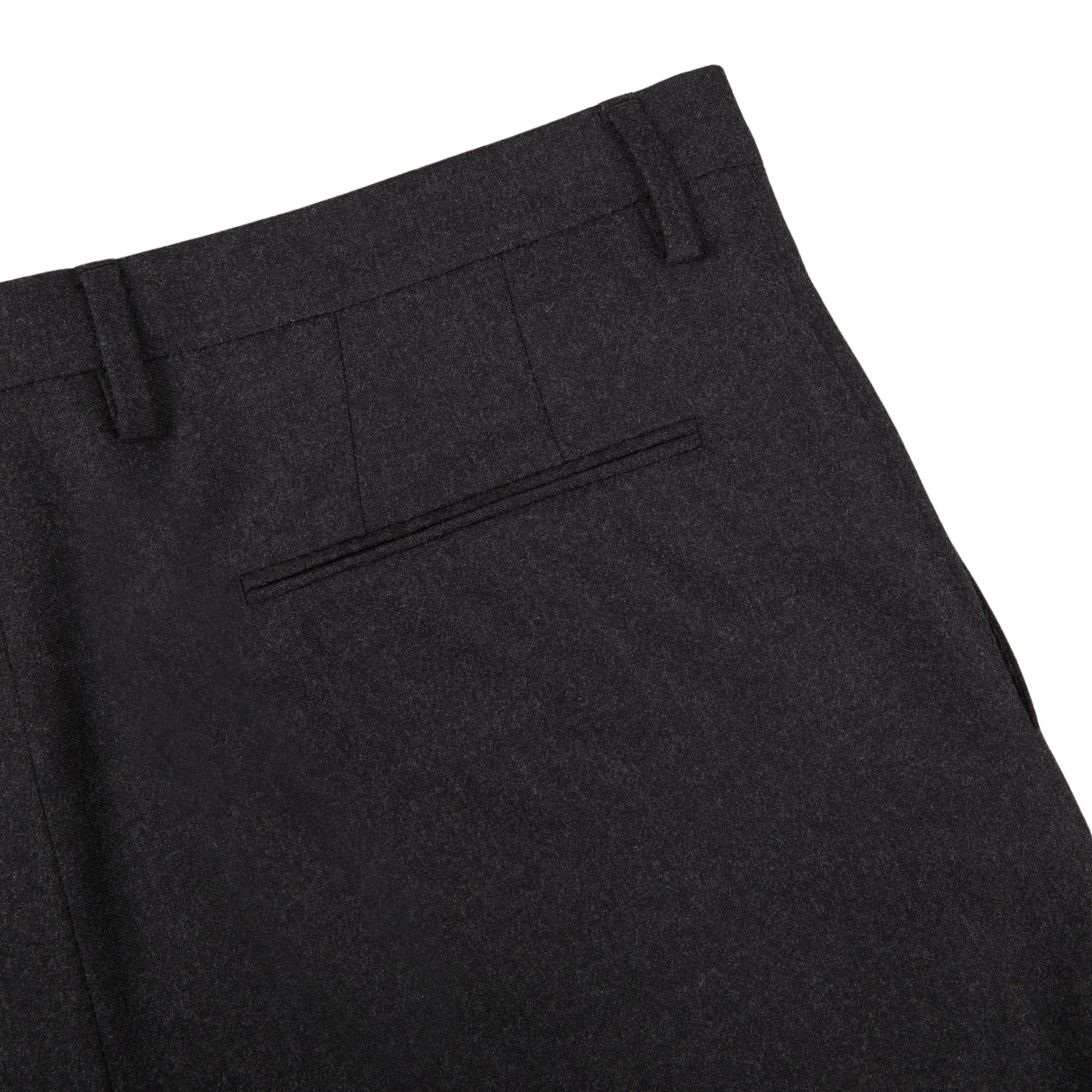 A close up of Boglioli Charcoal Grey Wool Flannel K Suit suit pants made of flannel fabric.