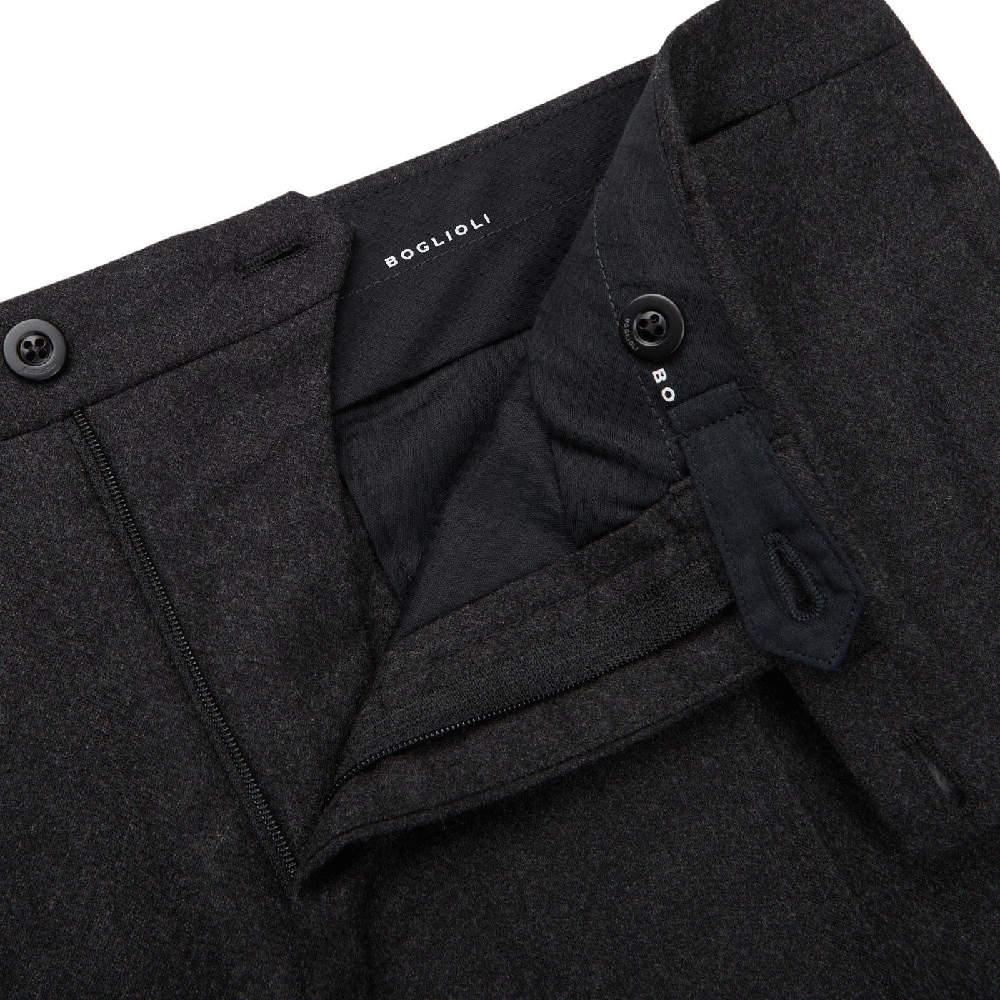 A close up of a Boglioli Charcoal Grey Wool Flannel K Suit trouser, exuding understated elegance.