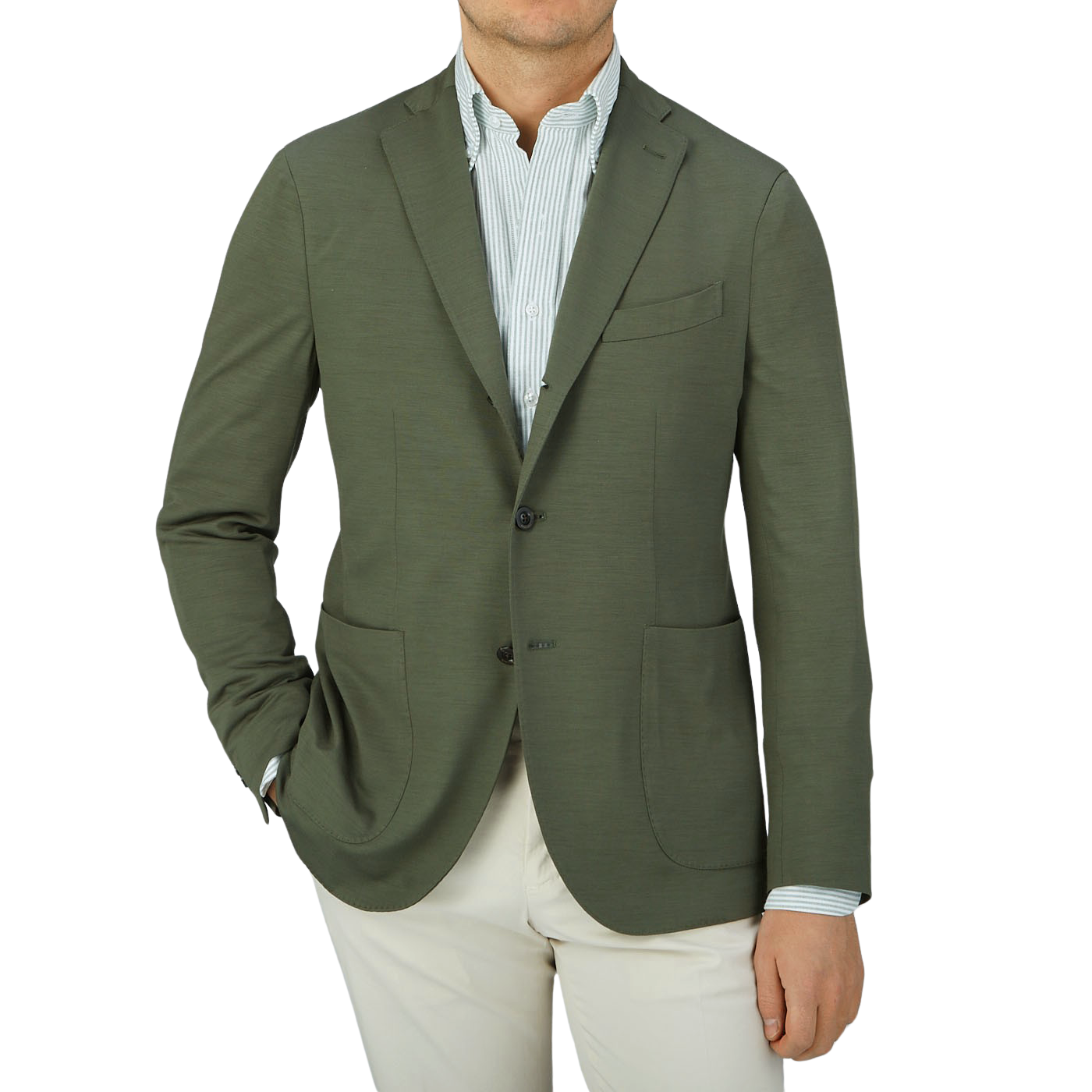 A man wearing a Boglioli Dark Green Wool Jersey K Jacket.