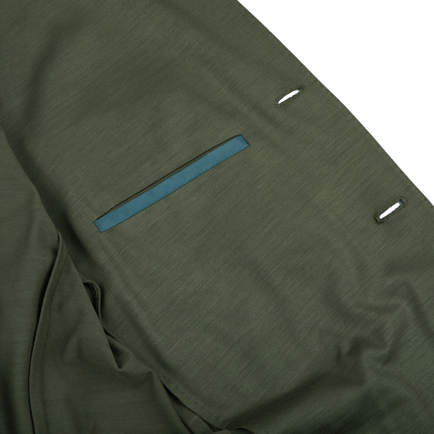 A close up of a Boglioli Dark Green Wool Jersey K Jacket with a blue pocket, featuring unstructured craftsmanship.