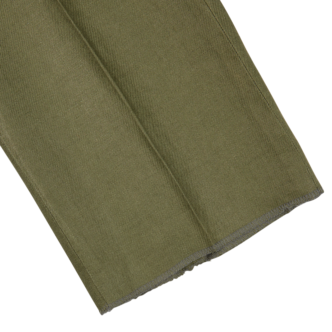 Olive green linen fabric with a clean-cut edge and frayed corner against a white background.