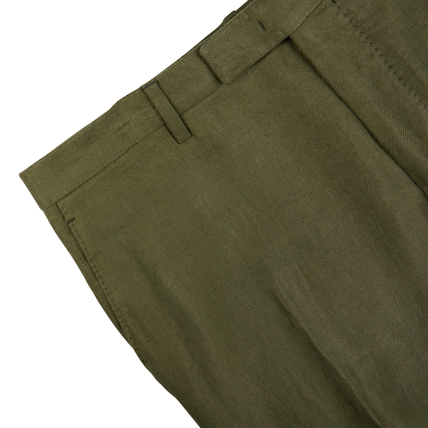Boglioli Green Washed Irish Linen Trousers with visible waistband and stitching detail on a white background.