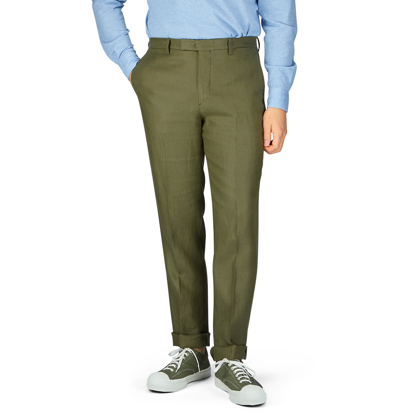 Olive green tapered leg trousers (Green Washed Irish Linen Trousers by Boglioli) paired with casual sneakers and a blue shirt.
