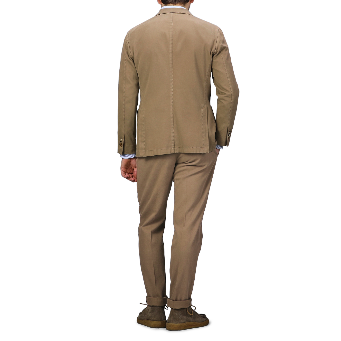 The individual, dressed in the Khaki Beige Heavy Cotton Twill Suit by Boglioli, stands with their back to the camera, accented by brown shoes.