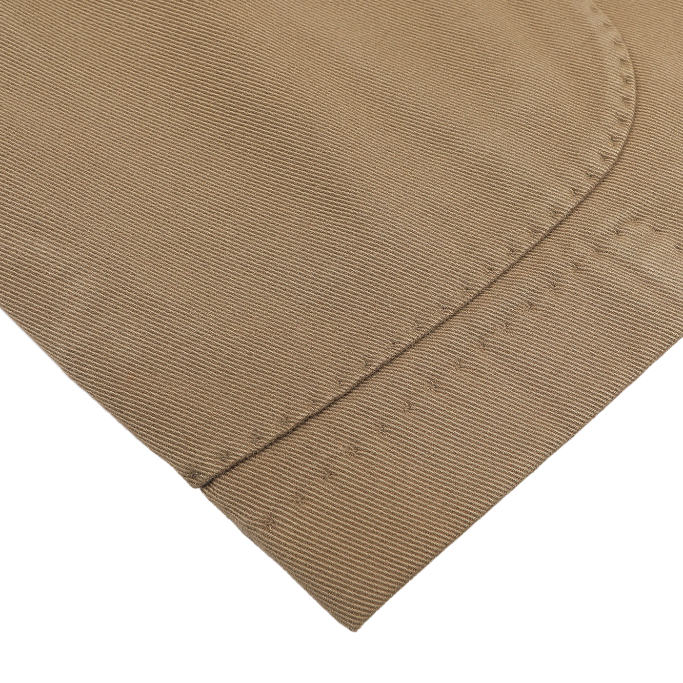 Close-up of Boglioli's Khaki Beige Heavy Cotton Twill Suit fabric, featuring visible stitching and a folded edge on a white background, showcasing the timeless appeal of cotton twill.