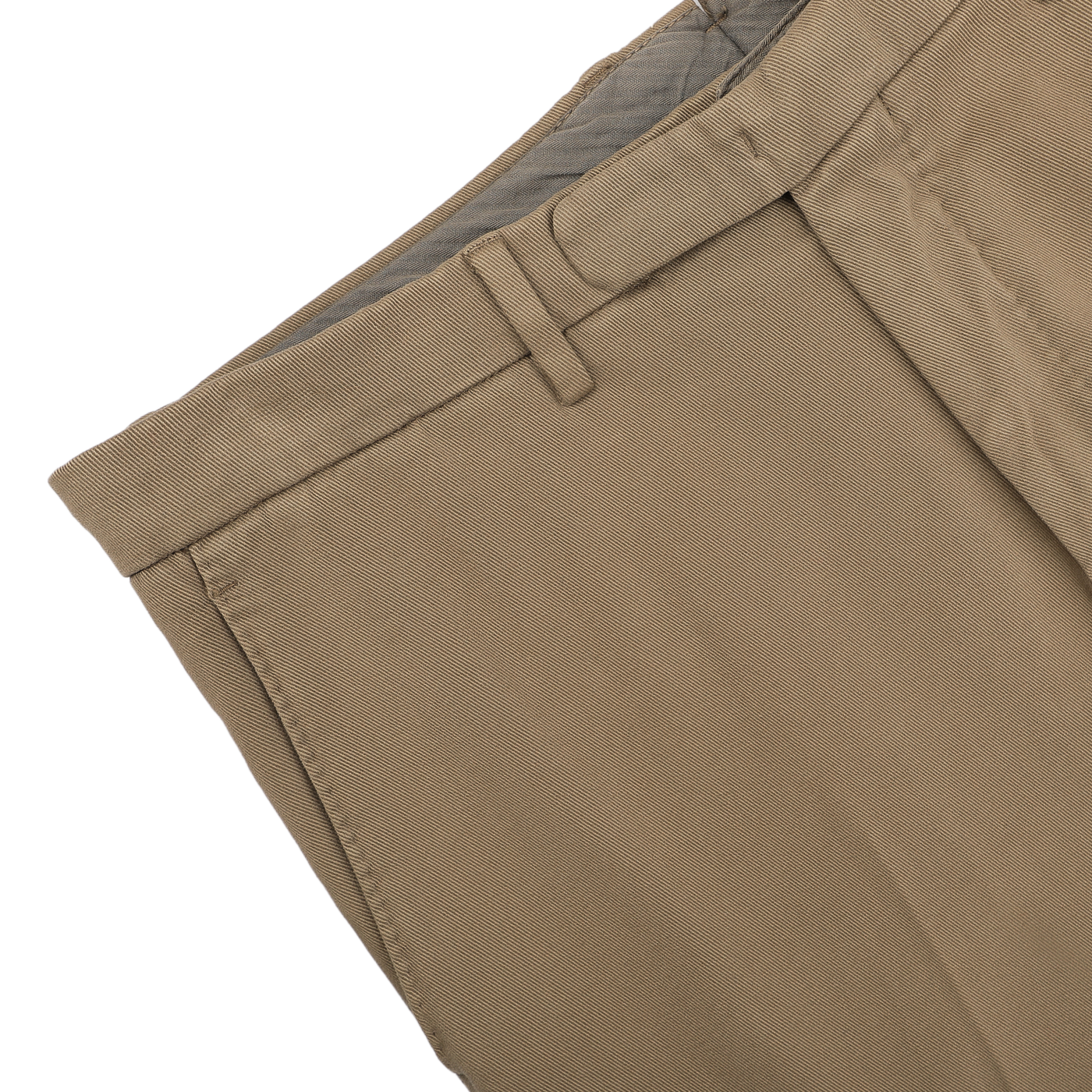 Close-up of the Boglioli Khaki Beige Heavy Cotton Twill Suit, showcasing the waistband, belt loop, and fabric texture.