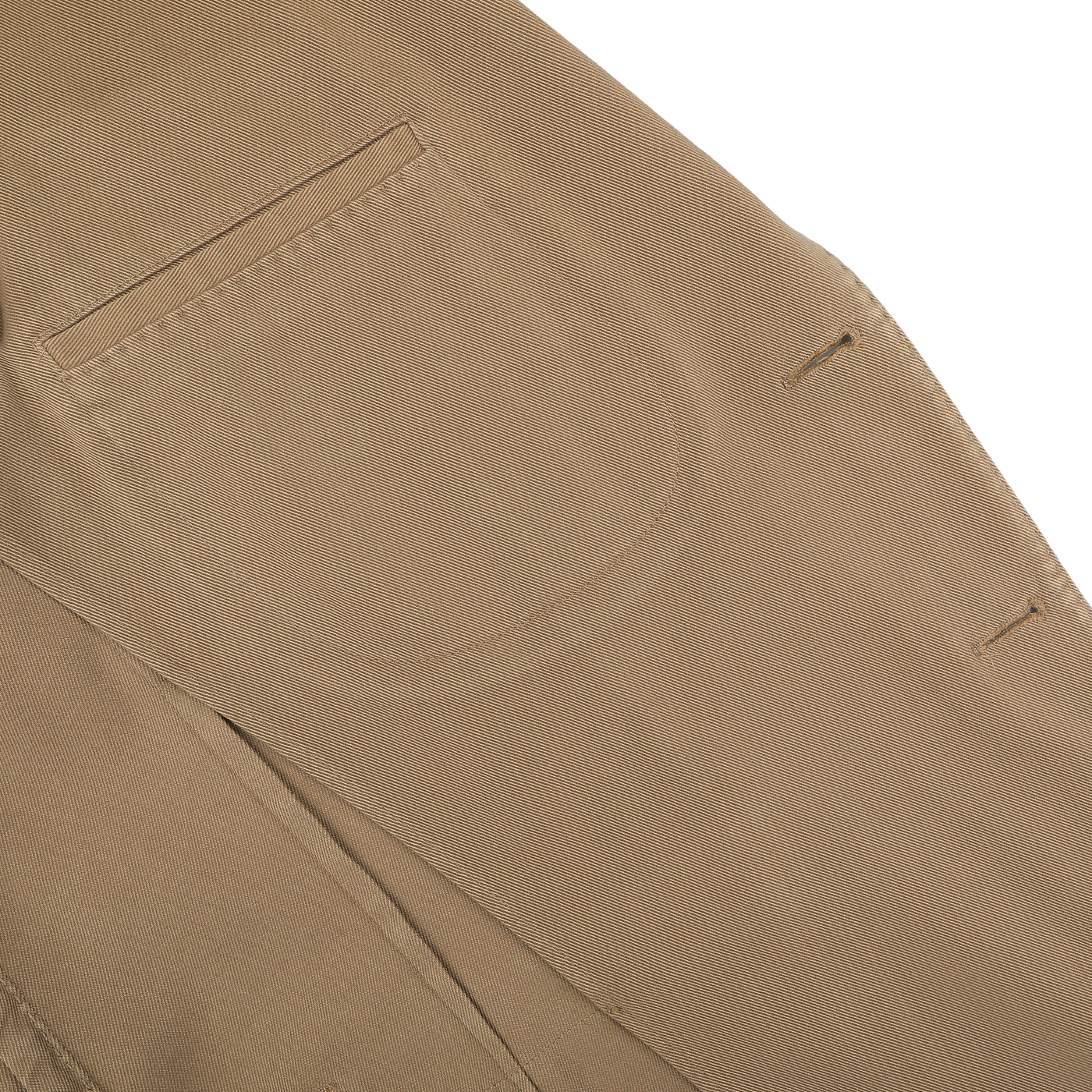 Close-up of the Khaki Beige Heavy Cotton Twill Suit by Boglioli, showcasing its brown cotton twill fabric with a visible pocket and buttonholes on the side, exuding timeless elegance.