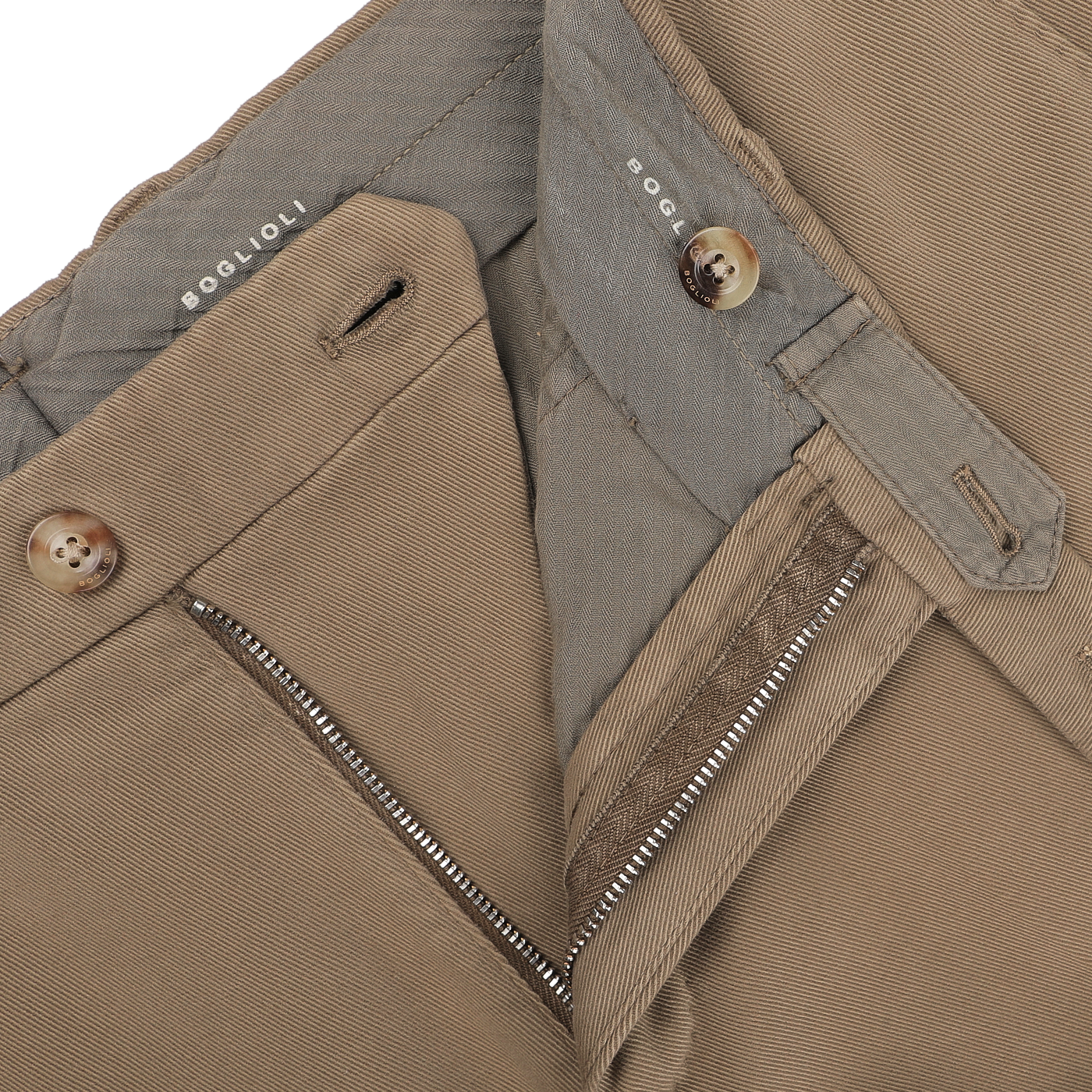 Detailed view of khaki beige pants made from heavy cotton twill, with a metal zipper and button closure. The waistband is adorned with white text displaying "BOGOLIOLI" and "BOGGI," making it an ideal match for the Khaki Beige Heavy Cotton Twill Suit by Boglioli.